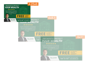 Side-by-side postcard size comparison showing standard 4.25 x 6 postcard next to larger formats.