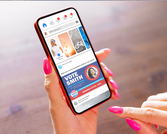 Voter viewing a political campaign ad for Vote Smith on a smartphone via Facebook.