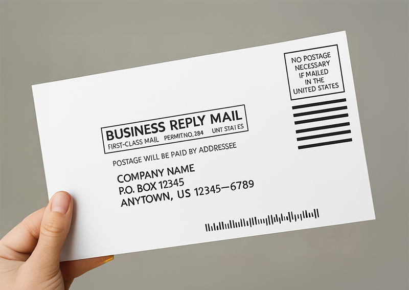 Close-up of a Business Reply Mail card showing prepaid return address and barcode for easy response.