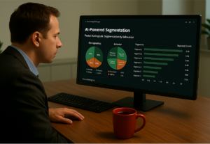 Man reviewing AI-powered segmentation charts on a desktop showing demographic and behavioral data.
