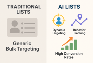 Side-by-side comparison of generic traditional mailing lists and AI-enhanced dynamic targeting.