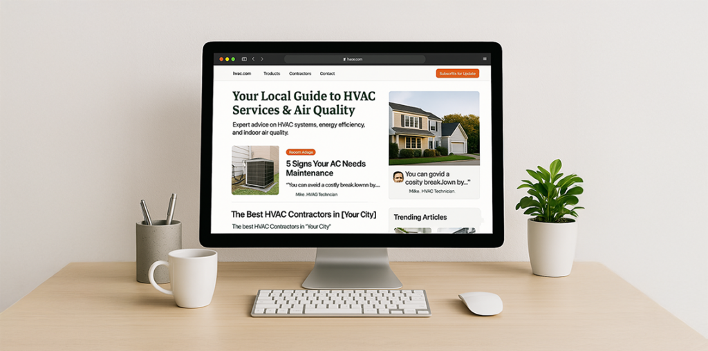 Desktop screen displaying a blog article titled “Your Local Guide to HVAC Services & Air Quality” with images and headlines