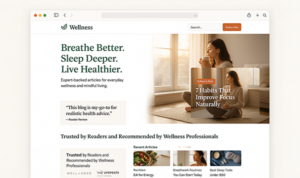 Web browser displaying a wellness blog with curated articles and expert advice on breathing, sleep, and mindfulness