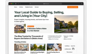 Browser view of a real estate blog homepage featuring homebuying tips, contractor lists, and trending local articles