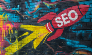 Graffiti-style mural on a brick wall showing a rocket labeled “SEO” launching upward