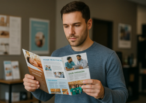 Man reading a healthcare brochure in a clinic waiting area, reviewing medical service details.