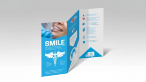 Trifold dental care brochure in blue with healthcare icons and smiling patient photo.