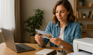 Woman reviewing a direct mail postcard at her desk after receiving it as a Web2Mail follow-up.