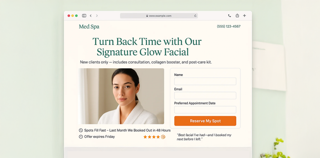 Online lead form for a MedSpa glow facial promotion offering consultation and post-care kit.