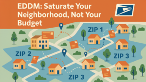Illustrated neighborhood map with ZIP code areas labeled and postcards being delivered.