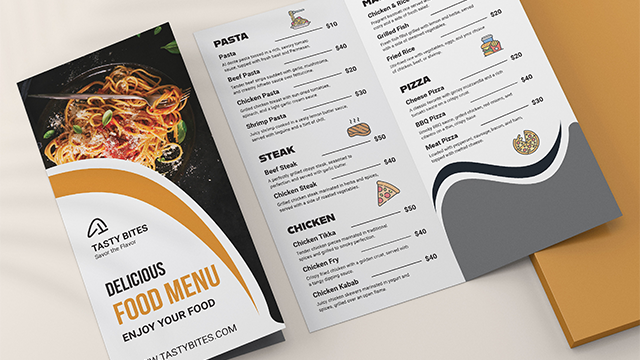 Tri-fold restaurant brochure featuring a pasta photo and detailed food menu with illustrations.