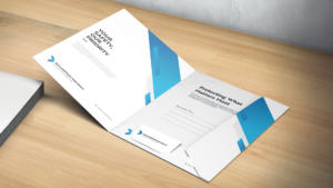 Open pocket folder with printed branding and organized interior document slots.