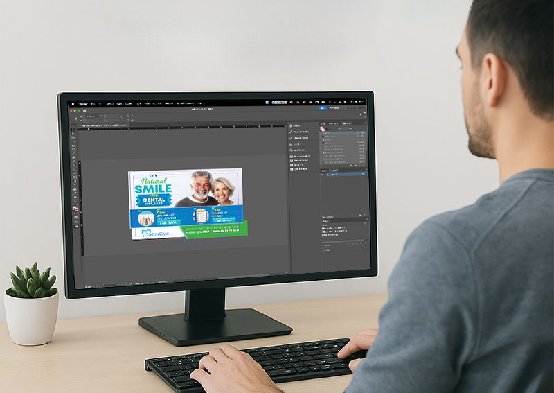 Designer editing a dental clinic postcard with promotional messaging on a widescreen monitor.
