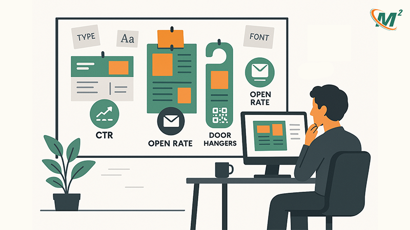 Illustration of designer reviewing creative mail campaigns with metrics like open rate and CTR.