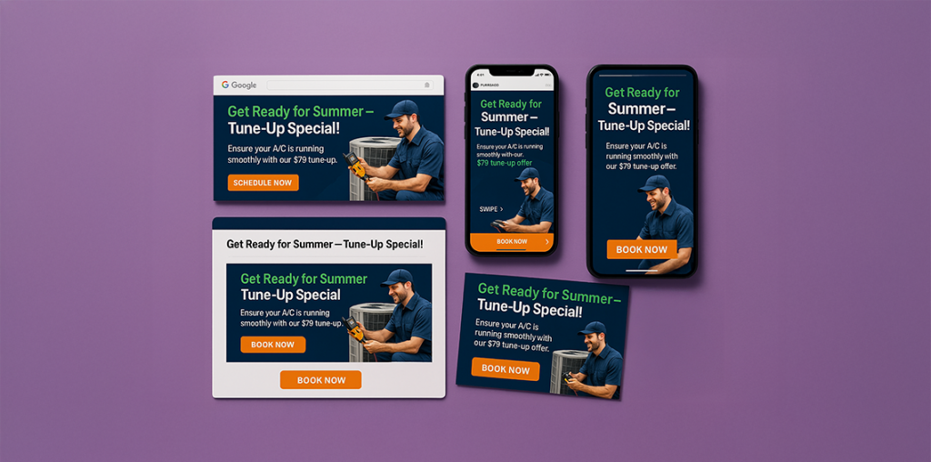 Various digital ad mockups promoting an HVAC tune-up special across desktop and mobile formats