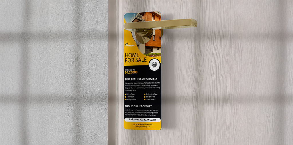 Real estate door hanger with a property listing and discount offer, hanging on a front door handle.