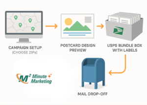 Step-by-step visual showing campaign setup, postcard design, USPS bundling, and mail drop-off.