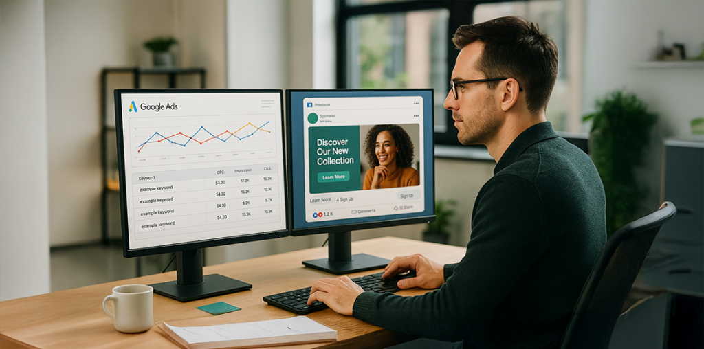 Man at desk reviewing Google Ads performance and Facebook campaign preview on dual monitors