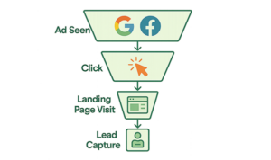 Conversion funnel graphic showing ad views, clicks, landing page visits, and lead capture
