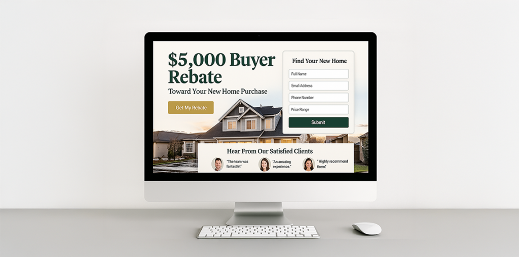 Desktop computer showing a landing page offering a $5,000 buyer rebate with a form to find a new home