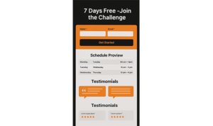 Mobile landing page layout with form, schedule preview, testimonials, and a call to action to join a free challenge