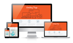 Illustrated landing page design shown on desktop, laptop, tablet, and smartphone screens