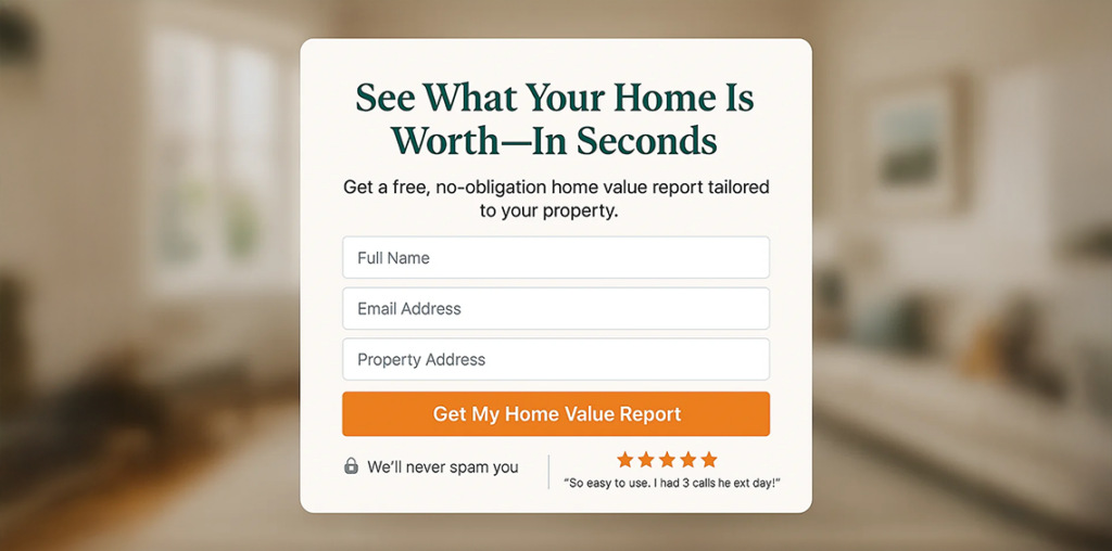 Online lead capture form offering a free home value report, asking for name, email, and property address.