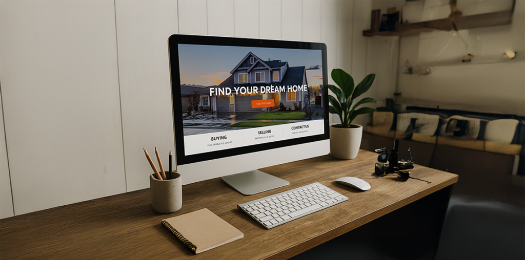 Desktop computer on a desk displaying a real estate website with the headline “Find Your Dream Home”