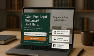 Laptop showing a lead capture form for legal services with triggered email and Facebook ad automation.