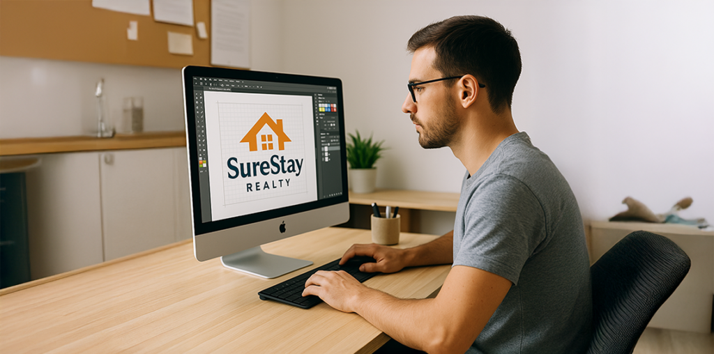 Graphic designer working on a real estate company logo using design software on a desktop computer.