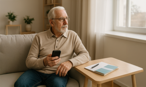 Senior man sitting on couch with mobile phone and notepad, reviewing Medicare mail or calling an agent.
