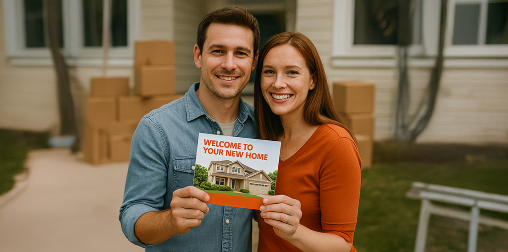New homeowners standing outside with moving boxes, holding a “Welcome to Your New Home” postcard.
