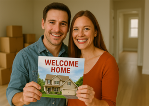 New homeowners indoors, smiling and holding a Welcome Home postcard among unpacked boxes.