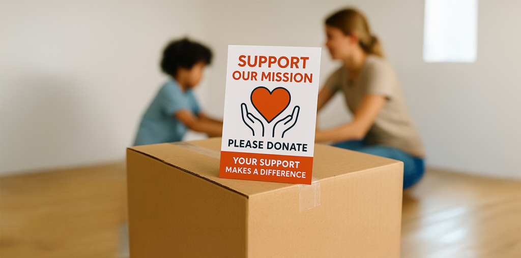Donation appeal postcard on a cardboard box with a volunteer and child in the background.