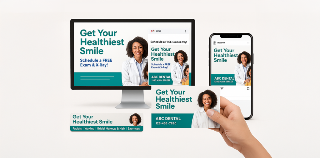 Dental marketing message displayed on Gmail ad, Instagram, desktop banners, and printed postcard.