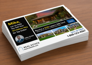 Stack of printed real estate postcards offering a Lowe’s gift card for listing a home.