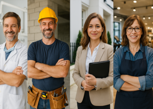 Group of diverse small business owners across home services, retail, and professional sectors.