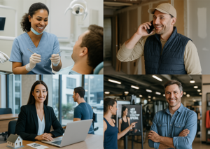 Small business owners from healthcare, fitness, and service industries using Omni Reach SMB.