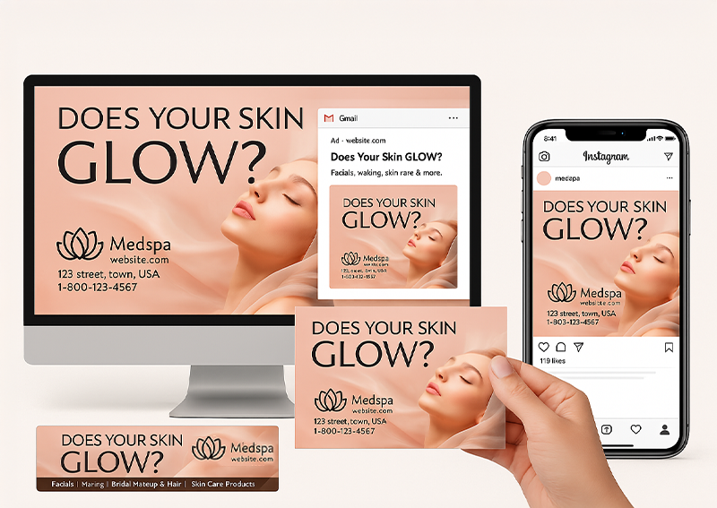 Unified Medspa campaign across postcard, website, social media, and banner ads.