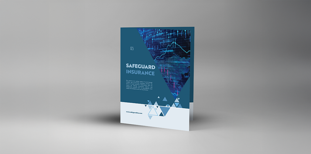 Dark blue presentation folder for Safeguard Insurance with a stylized chart and data visualization design.