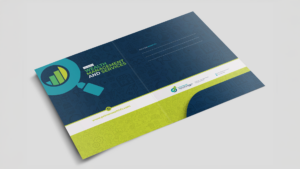 Pocket folder design for a wealth management company, featuring icon-based background and brand elements.