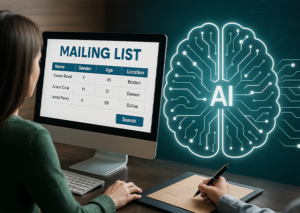 Woman using a computer to generate a mailing list with AI interface visuals in the background.
