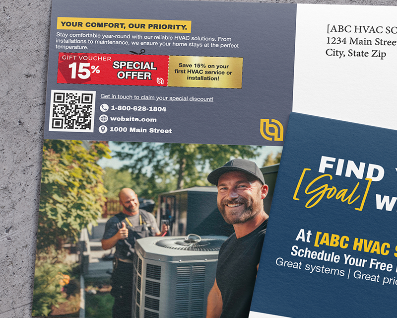 HVAC postcard featuring a 15% special offer and QR code for online claim and scheduling.
