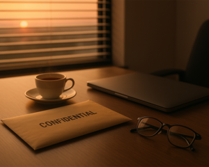 Confidential secure mailer envelope placed on an office desk beside a laptop, coffee, and glasses.