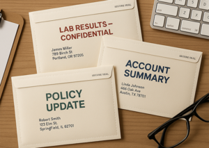 Labeled secure seal mailers for confidential documents, including lab results, account summaries, and policy updates.