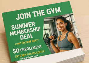Fitness center postcard promoting summer membership deal with $0 enrollment offer.