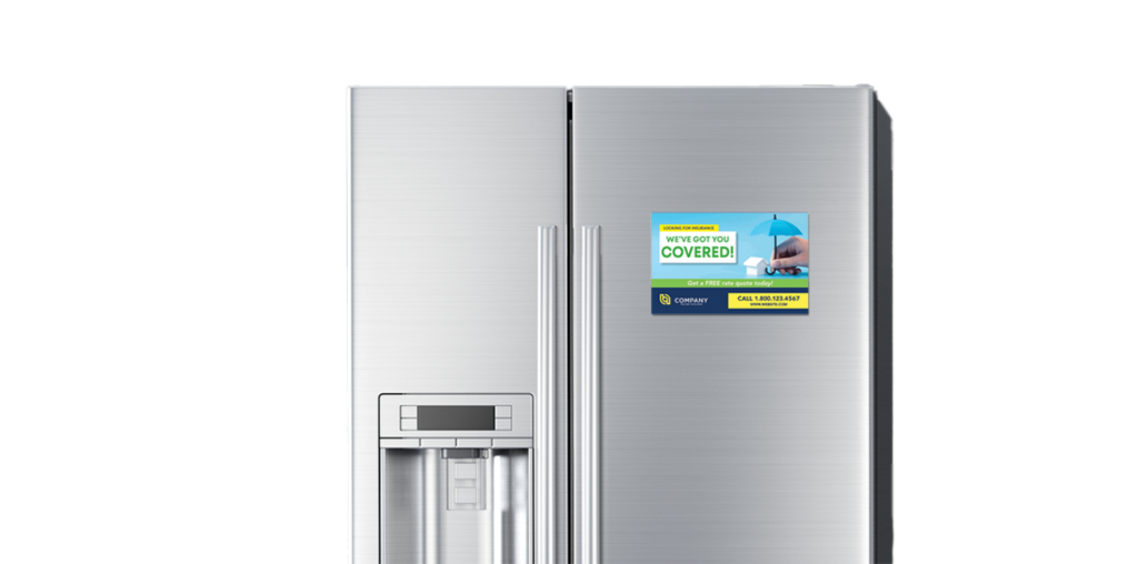 Magnetized Stick-to-It postcard promoting insurance services displayed on a stainless steel refrigerator.