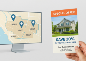 Targeted direct mail postcard held next to a ZIP code map used for precision mailing campaigns.