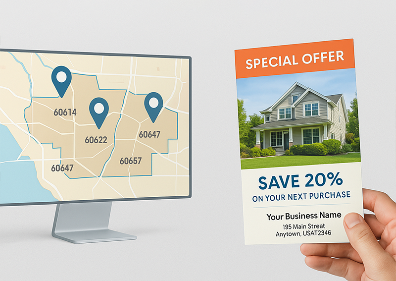 Targeted direct mail postcard held next to a ZIP code map used for precision mailing campaigns.