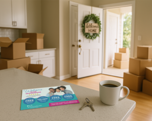 Welcome postcard on kitchen counter with moving boxes, house keys, and coffee nearby.